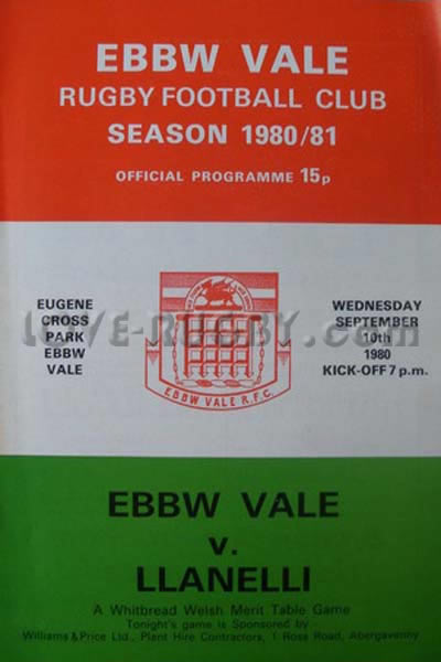 1980 Ebbw Vale v Llanelli  Rugby Programme